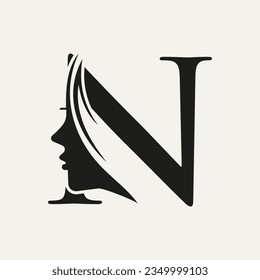 Woman Face Logo On Letter N. Beauty Spa Symbol With Woman Face Icon