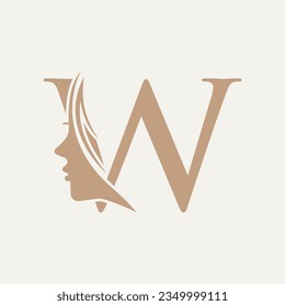 Woman Face Logo On Letter W. Beauty Spa Symbol With Woman Face Icon