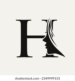 Woman Face Logo On Letter H. Beauty Spa Symbol With Woman Face Icon