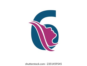 Woman Face Logo On Letter 6. Beauty and spa logo concept