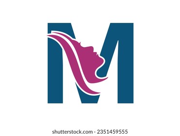 Woman Face Logo On Letter M. Beauty and spa logo concept