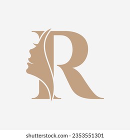 Woman Face Logo On Letter R. Beauty Spa Symbol With Woman Face Icon