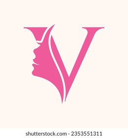 Woman Face Logo On Letter V. Beauty Spa Symbol With Woman Face Icon