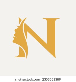 Woman Face Logo On Letter N. Beauty Spa Symbol With Woman Face Icon