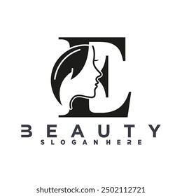 Woman Face Logo On Letter E Beauty Spa Symbol With Woman Face Icon