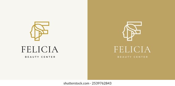 Woman Face Logo on Letter F Logo Design. Letter F with Woman Face Icon Logo Design. Letter F Symbol for Beauty Spa Woman Face Icon Identity. Alphabet Vector Illustration