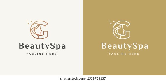 Logo do rosto da mulher na letra G Logo Design. Letra G com design de logotipo de ícone de rosto de mulher. Letra G Símbolo para Mulher de Beleza Spa Ícone Identidade. Ilustração de vetor de alfabeto