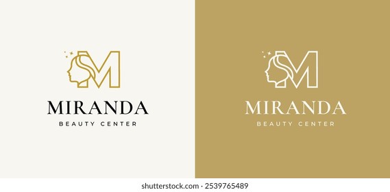 Logotipo de la cara de la mujer en el diseño del logotipo de la letra M. Letra M con diseño de logotipo de icono de cara de mujer. Símbolo de letra M para la identidad del icono de la cara de la mujer del balneario de la belleza. Ilustración vectorial del alfabeto