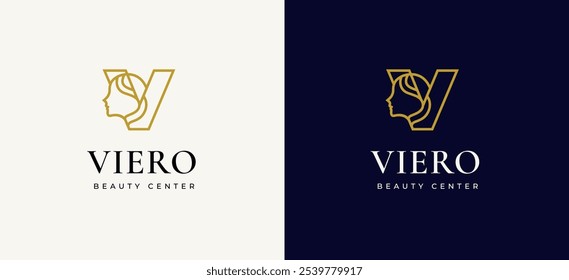 Woman Face Logo on Letter V Logo Design. Letter V with Woman Face Icon Logo Design. Letter V Symbol for Beauty Spa Woman Face Icon Identity. Alphabet Vector Illustration