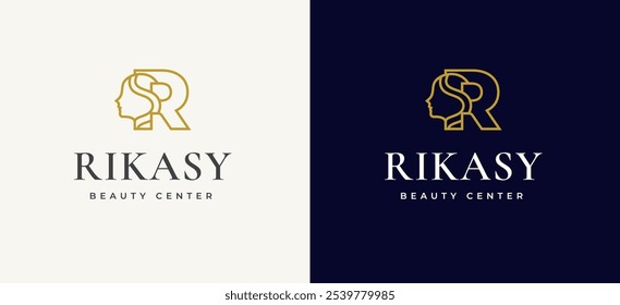 Logo do rosto da mulher na letra R Logo Design. Letra R com design de logotipo de ícone de rosto de mulher. Letra R Símbolo de Beleza Spa Mulher Ícone Identidade. Ilustração de vetor de alfabeto