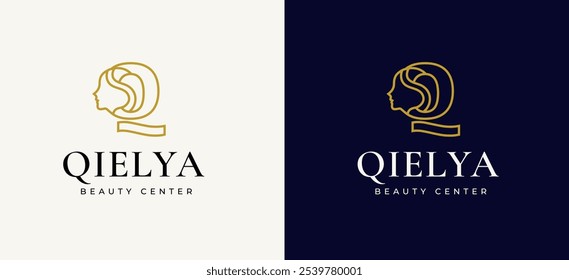 Logo do rosto da mulher na carta Q Logo Design. Letra Q com design de logotipo de ícone de rosto de mulher. Letra Q Símbolo para mulher de beleza Spa face ícone identidade. Ilustração de vetor de alfabeto