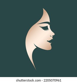 Woman face logo.Beauty salon, makeup illustration.Fashion, cosmetics, spa icon isolated on dark background.Young lady portrait.Beautiful model.Luxury,glamour style.