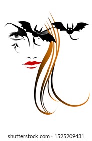 woman face with long hair and bats. Halloween image.