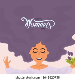 Woman face with long hair.8 March with International Womens Day.Happy women's day design.Flat style design.Element for feminism, womens day concept.Vector illustration
