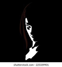 Woman face looking down in low key style. Easy editable layered vector illustration.