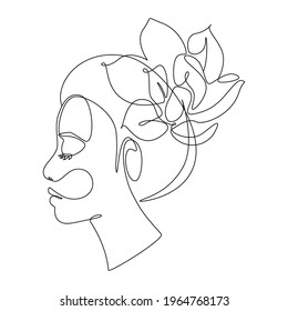 Woman face with lotus flower in Continuous line drawing. Beautiful portrait in lineart style isolated in white background. Vector illustration