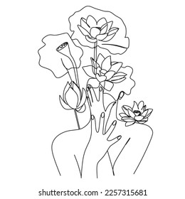 Woman face with lotus. Line art female. Abstract face with flowers by one line drawing.