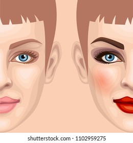 Woman face make-up before and after 