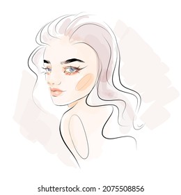 Woman face makeup fashion illustration. Beautiful young girl head hand drawn sketch portrait on white background.