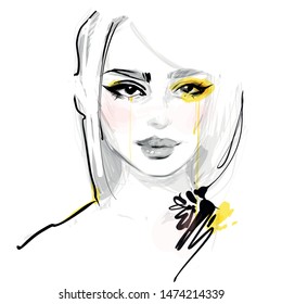 Woman face makeup fashion sketch. Hand drawn illustration.