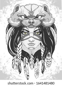 woman face with make-up and headdress. Monochrome drawing for print, t-shirt, poster