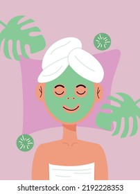 A woman with a face mask and cucumbers, a towel on her head and body in a spa, lying on a pillow. Relax, beauty, health, skin, women's day, rejuvenation, massage. Vector illustration