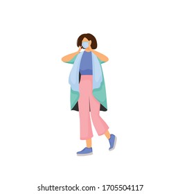 Woman in face mask flat color vector faceless character. Mouth protection from dirty air. Influenza virus precaution. Breathing hygiene. Ill female. Air pollution isolated cartoon illustration