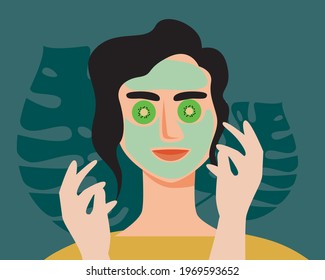 Gesichtsmaske für Frauen. Flache Vektorgrafik. Natürliche Maske. Schönheitspflege ist grausam. Frau zu Hause oder im Wellnessbereich. Bio-Produkt. Konzept der häuslichen Hautpflege. Einzelbild