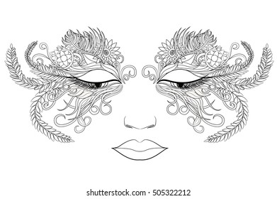 Woman face in a mask of flowers. Vector illustration. Black and white style