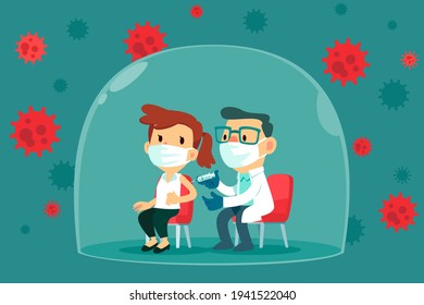 A woman with face mask get vaccinated by doctor inside glass dome. Covid-19, Coronavirus vaccine concept.