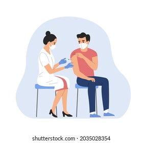 Woman in face mask getting vaccinated against Covid-19. Vector flat style cartoon illustration