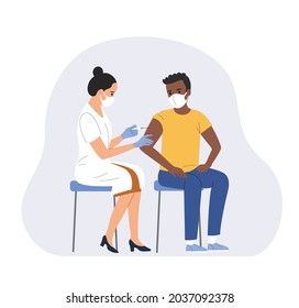 Woman in face mask getting vaccinated against Covid-19. Vector flat style cartoon illustration