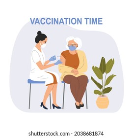 Woman in face mask getting vaccinated against Covid-19 to an elderly woman Vector flat style cartoon illustration