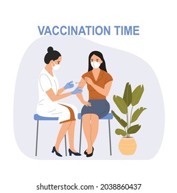 Woman in face mask getting vaccinated against Covid-19 to an young woman. Vector flat style cartoon illustration