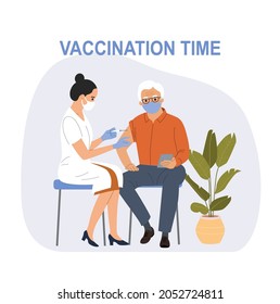 Woman in face mask getting vaccinated against Covid-19 to an elderly man.  Vector flat style cartoon illustration