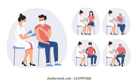 Woman in face mask getting vaccinated against Covid-19 to different people. Vector flat style cartoon illustration