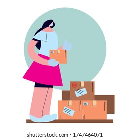 woman with face mask, gloves and shipping packages vector illustration desing