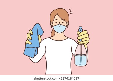 Woman in face mask hold detergents in hands ready for cleaning. Female housekeeper with liquid and cloth. Housekeeping concept. Vector illustration. 