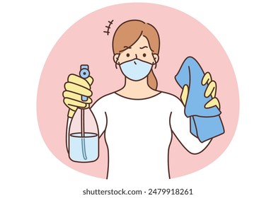 Woman in face mask hold detergents in hands ready for cleaning. Female housekeeper with liquid and cloth. Housekeeping concept. Vector illustration.