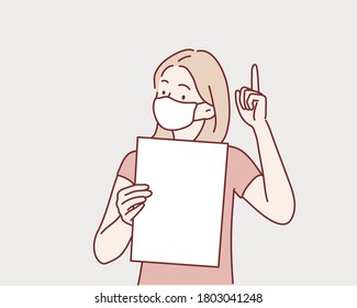 Woman in face mask holding the blank paper. Hand drawn style vector design illustrations.