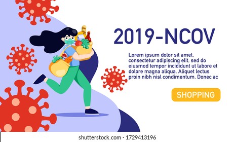 woman with face mask holding grocery bags keeping.Concept of panic shopping during worldwide pandemic of covid-19.Concept Web Template illustration. flat design vector graphic style. web template vect