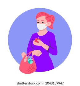 Woman with face mask holding shopping bag with groceries vector illustration. Shopping during quarantine concept. Flat style design. Colorful graphics