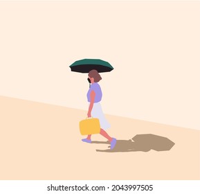 Woman with face mask holding sunshade umbrella under strong sunlight walking on street. Urban life concept, town street, walking outdoors, cartoon style vector illustration.