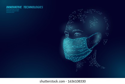 Woman face mask. Infection pneumonia prevention healthcare. 3D low poly female human blue glowing banner. Wear surgical medical mask against virus epidemic vector illustration