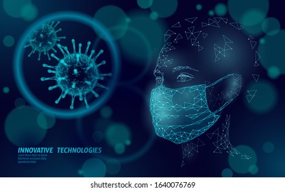 Woman face mask. Infection pneumonia prevention healthcare. 3D low poly female human blue glowing banner. Wear surgical medical mask against virus epidemic vector illustration