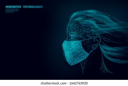 Woman face mask. Infection pneumonia prevention healthcare. 3D low poly female human blue glowing banner. Wear surgical medical mask against virus epidemic vector illustration