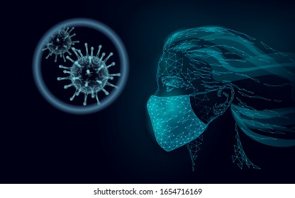 Woman face mask. Infection pneumonia prevention healthcare. 3D low poly female human blue glowing banner. Wear surgical medical mask against virus epidemic vector illustration