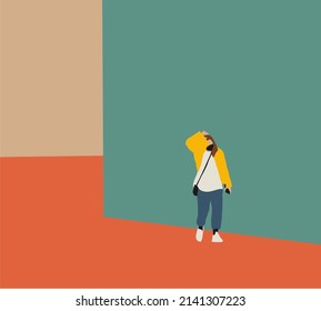 Woman with face mask lift her shirt for protect sunlight while walking on city street during summer day. Freedom lifestyle springtime concept. Illustration.