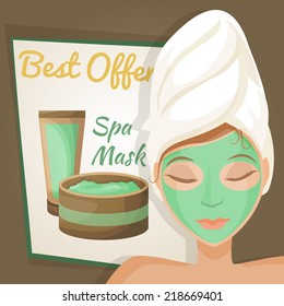Woman with face mask on spa healthcare salon procedure poster vector illustration