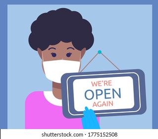 Woman with face mask, open after lockdown quarantine. Open again after quarantine, we are open again. Reopening. The end of quarantine.